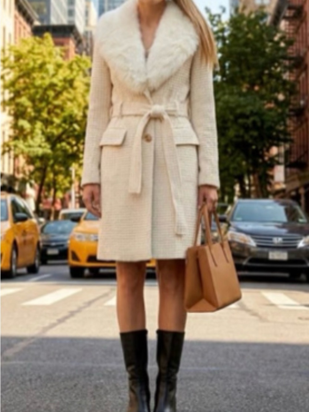 Marciano Cream Wool-Blend Trench Coat with Faux Fur Collar